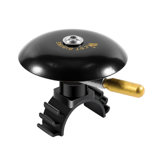Black bicycle bell with gold lever and mounting clip