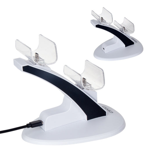 Two-seat charger stand with clear controller mounts and black center beam, white base