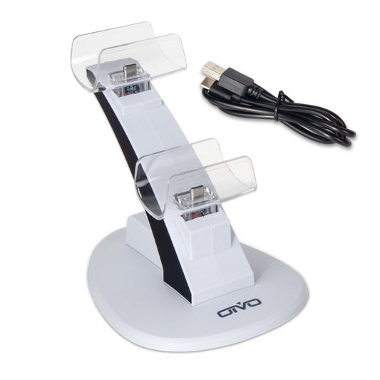 White PS5 gamepad charger stand with clear cradle and USB cable, black center stripe