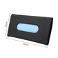 Black car sun visor tissue box holder with blue tissues and oval opening