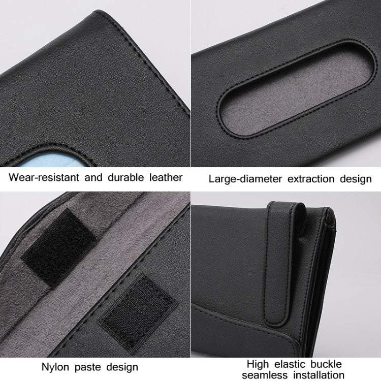Black car tissue box holder with stitched edges and elastic buckle strap