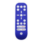 Blue silicone remote protective cover with button cutouts and media icons