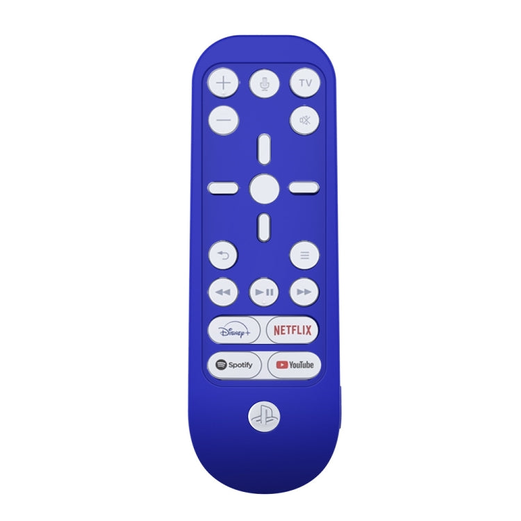 Blue silicone remote protective cover with button cutouts and media icons