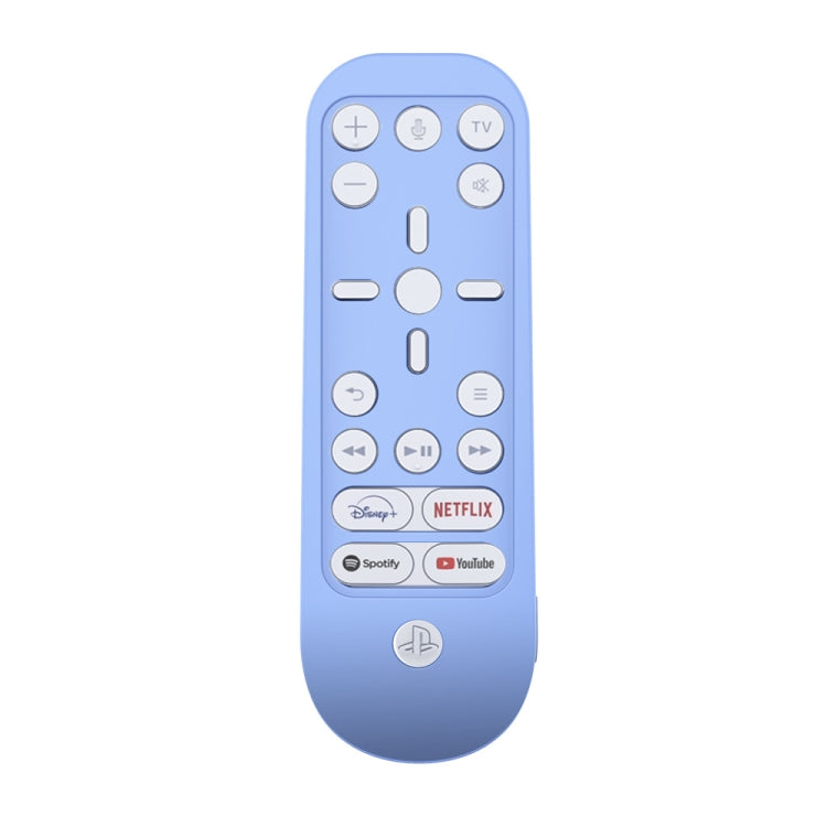 Light blue silicone remote protective cover with button cutouts and channel icons