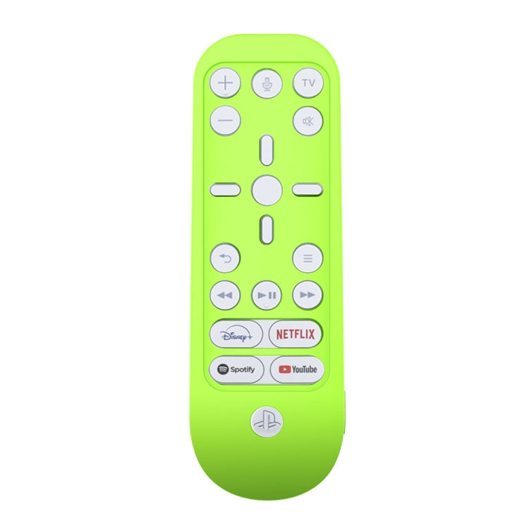 Lime green silicone remote protective cover with button cutouts and media icons