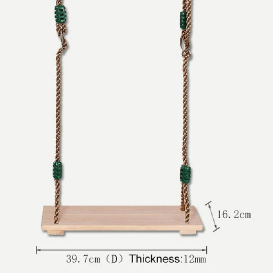 Wooden swing plank with braided ropes and green connector sleeves, side view with size markers