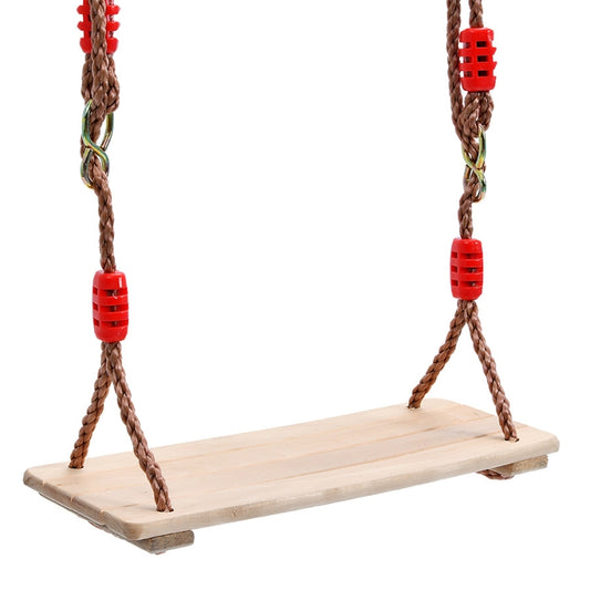 Wooden swing plank with braided ropes and red connector sleeves, suspended by two rope loops