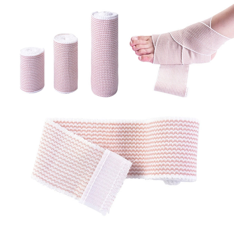 Pink-and-white elastic compression bandage strip and rolls, woven texture with adhesive layer