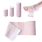 Pink-and-white elastic compression bandage strip with adhesive backing, plus coiled rolls