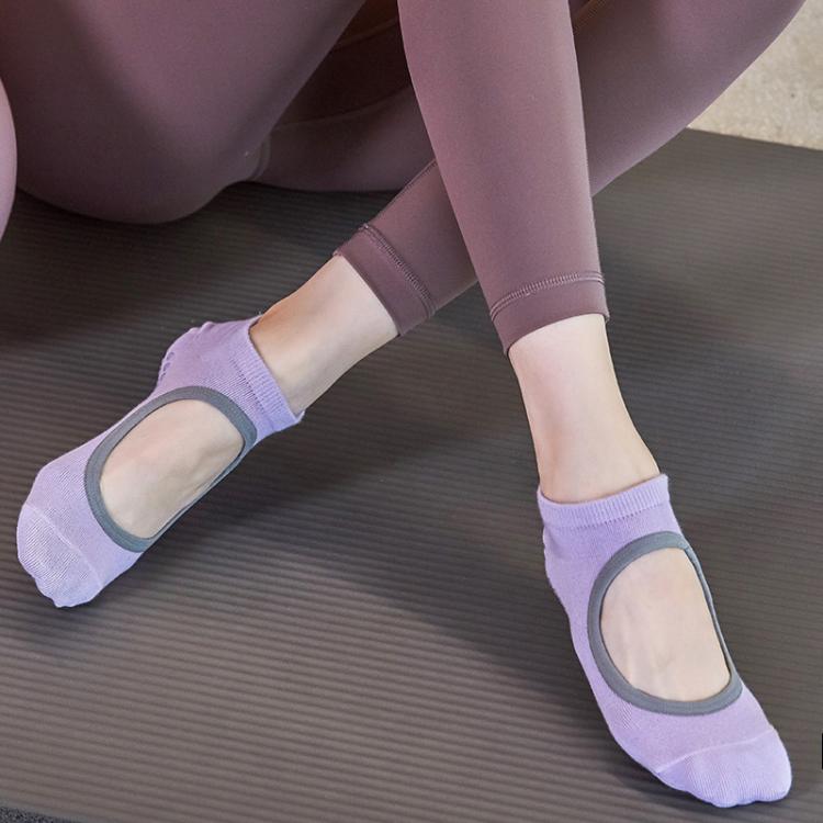Backless non-slip yoga socks in lavender with open back and grip sole