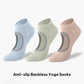 Backless non-slip yoga socks set in light blue, green, and beige with grip pads