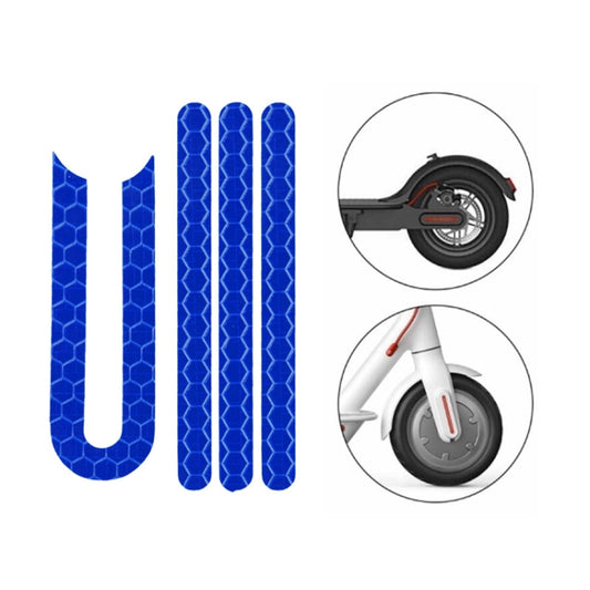 Reflective scooter mudguard sticker set with blue U-shaped strips and wheel-detail inset