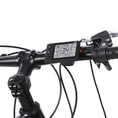 Electric bicycle LCD dashboard display on handlebar with buttons and wiring
