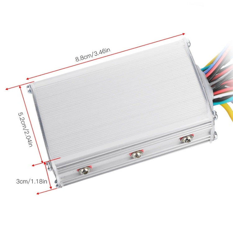 Electric bicycle controller box with multicolor wires, with size measurements marked