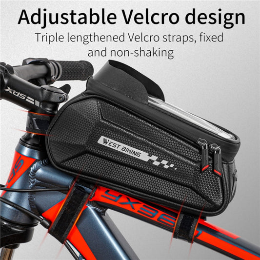 Black hard shell bike top tube bag mounted with adjustable Velcro straps