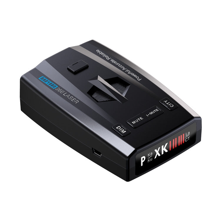 Car laser radar speed detector with indicator screen and control buttons, black.