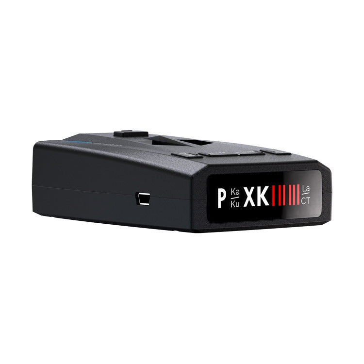 Car laser radar speed detector angled view with front sensor window, black.