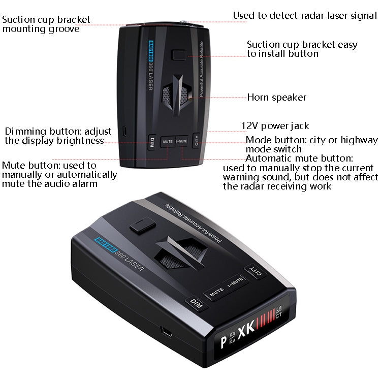 Car laser radar speed detector with suction cup mount and mute/dim buttons, black.