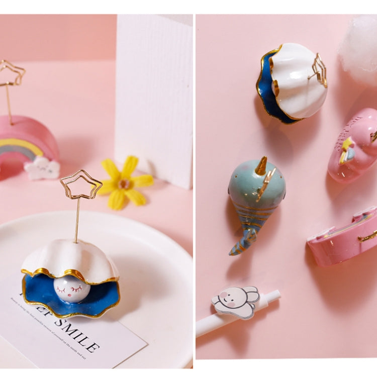 Resin photo clip set with multiple bases, including a blue cloud and rainbow design