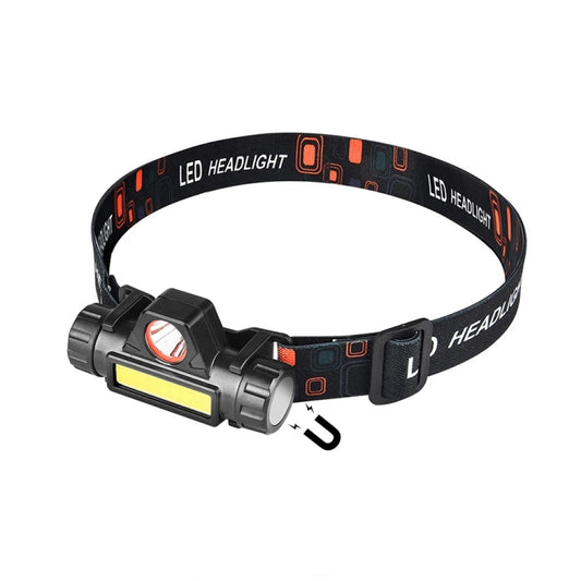 Black LED headlamp with elastic head strap and front LED light bar