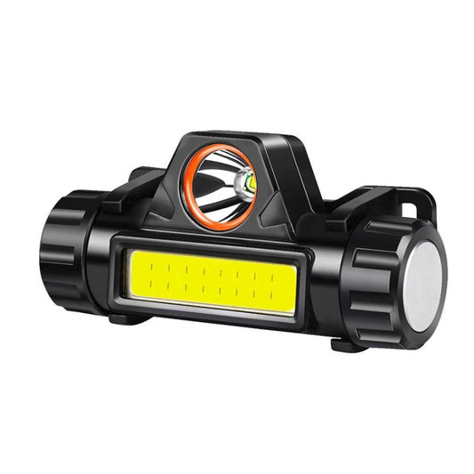 Close-up black LED headlamp with round lens and bright front COB light bar