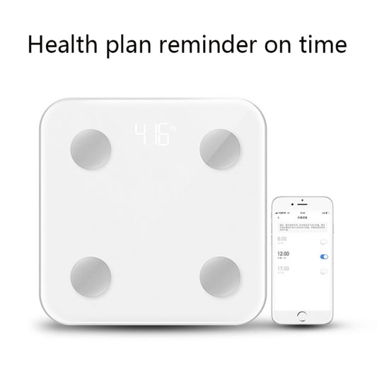 White smart body fat scale with four sensors, LED weight display, and phone app