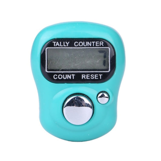 Teal mini tally finger counter with LCD display, count reset buttons, ring switch