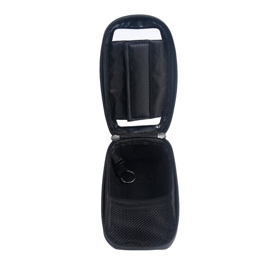 Black bicycle handlebar bag opened, showing interior mesh pocket and zipper closure