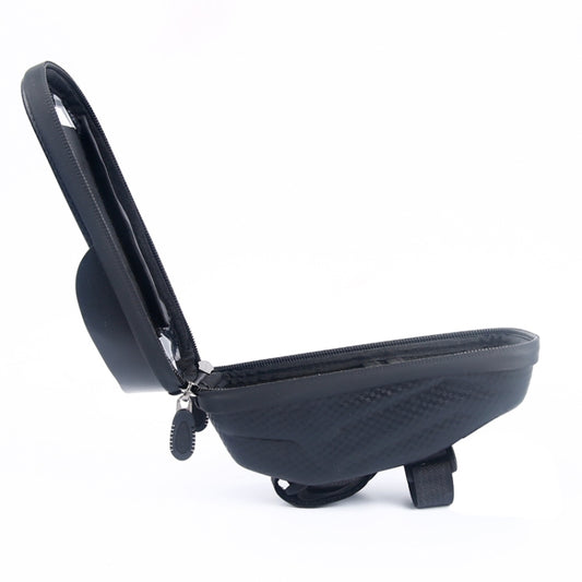 Bicycle handlebar phone bag with side zipper and carrying strap, hard-shell shape