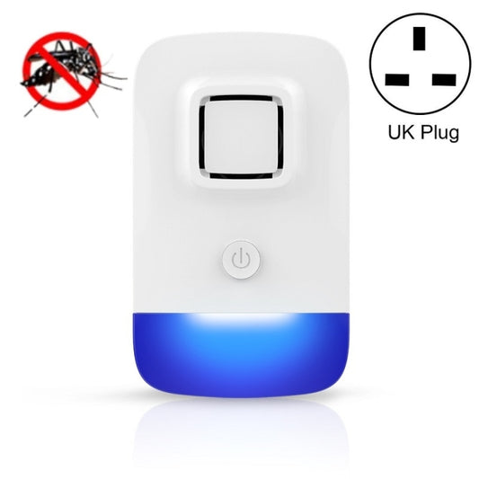 White and blue ultrasonic mosquito repellent wall plug-in, UK plug, power button