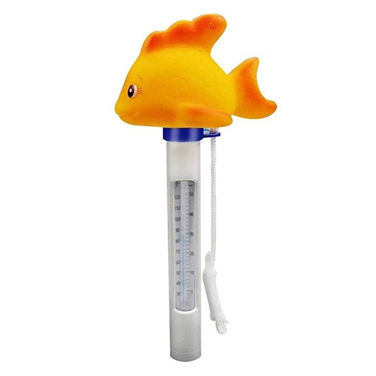 Yellow cartoon fish pool thermometer with clear temperature tube and white scale.