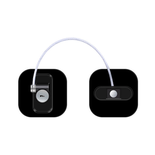 Child safety lock with two black square anchors and white braided steel cable