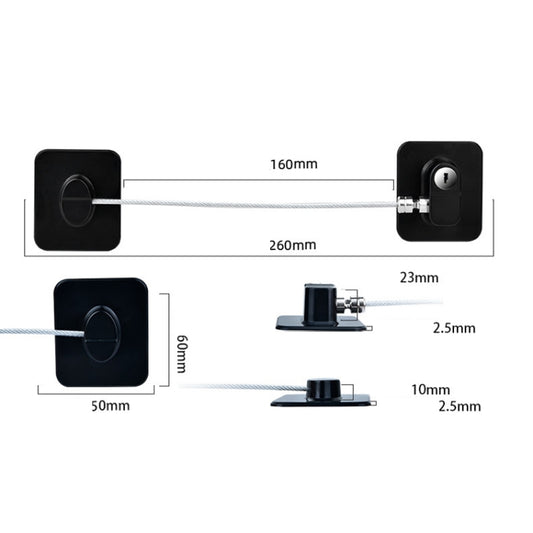 Child safety lock with two black square anchors and white cable, size diagram