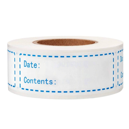 Food storage date marking label roll with blue “Date” and “Contents” fields.