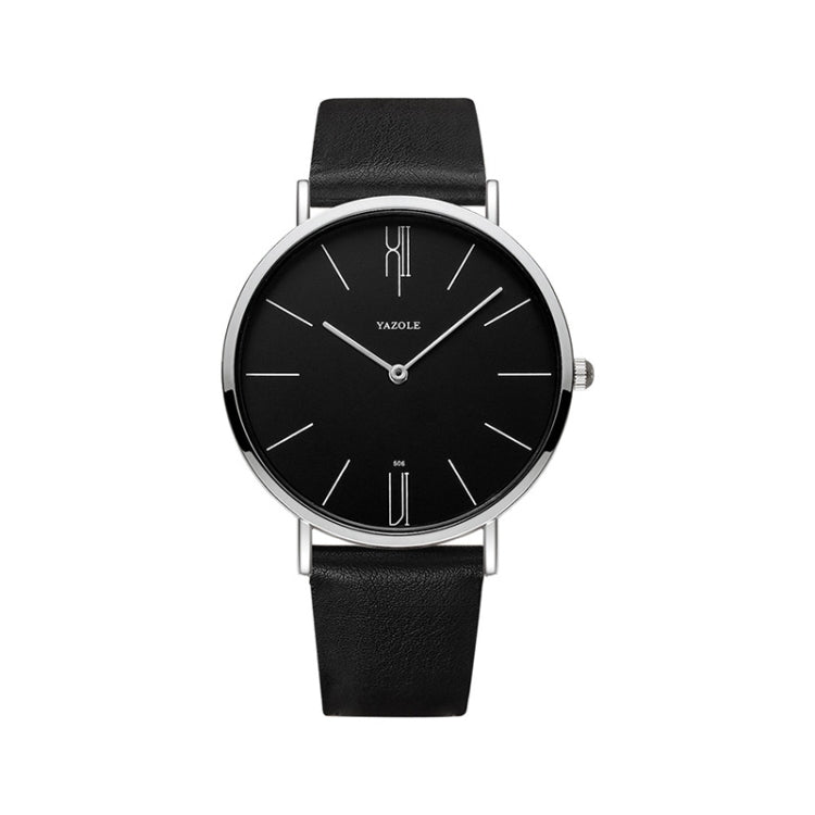 Men’s quartz wristwatch with black dial, silver case, and black leather strap