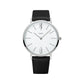 Men’s quartz wristwatch with white dial, silver case, and black leather strap