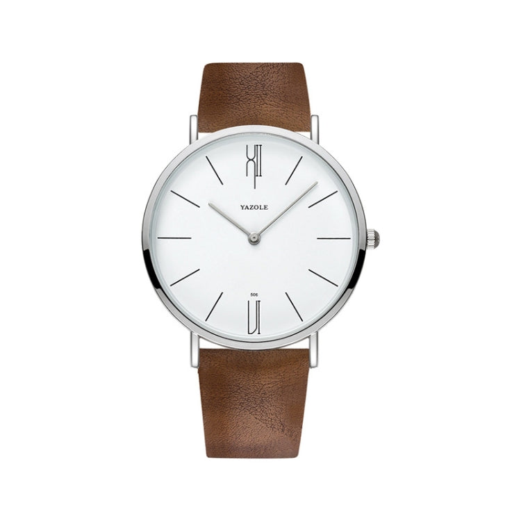 Men’s quartz wristwatch with white dial, silver case, and brown leather strap