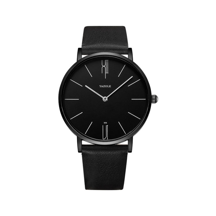 Men’s quartz wristwatch with black dial, black case, and black leather strap