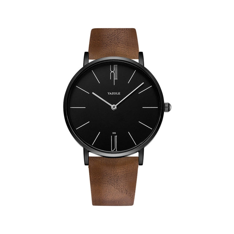 Men’s quartz wristwatch with black dial, black case, and brown leather strap