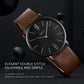 Men’s quartz wristwatch with black dial, black case, and brown leather strap