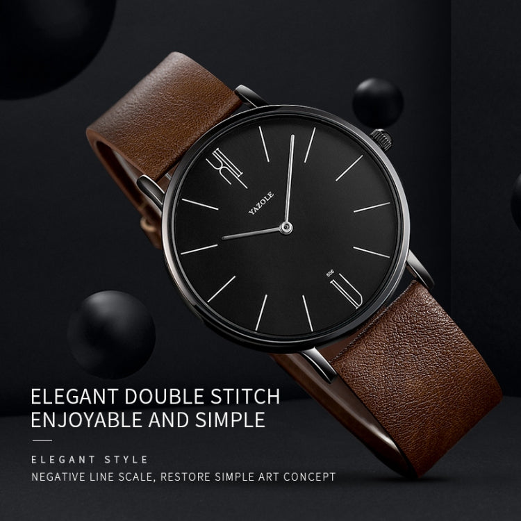 Men’s quartz wristwatch with black dial, black case, and brown leather strap