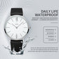 Men's quartz wrist watch with silver case, white dial, black leather strap