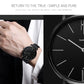 Men's quartz wrist watch with black case, black dial, black leather strap