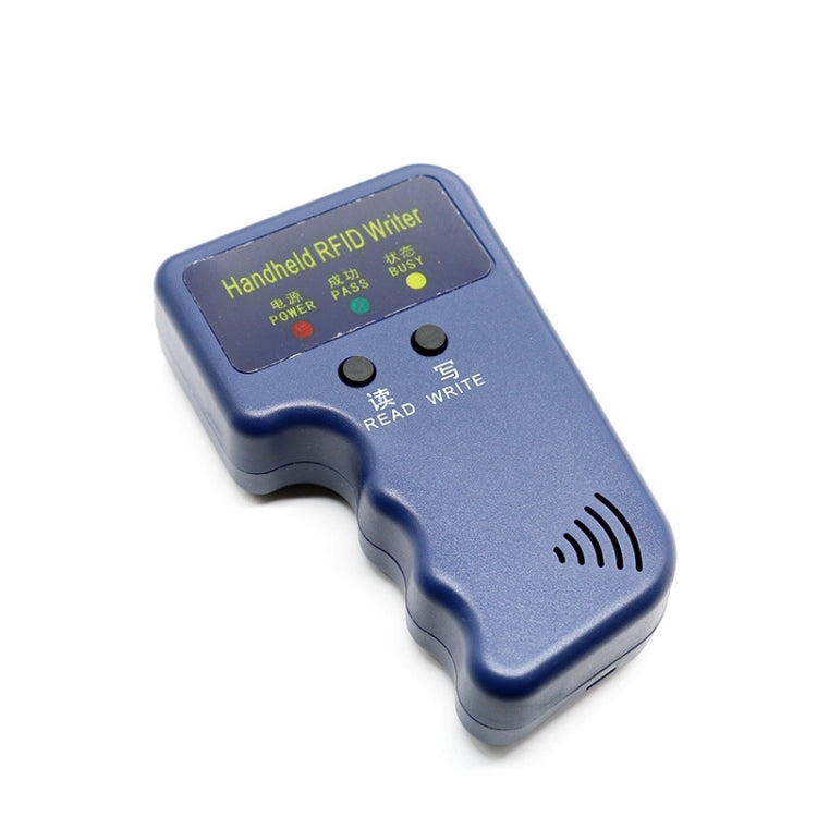 Handheld RFID writer angled view, blue body with LCD screen and READ/WRITE buttons.