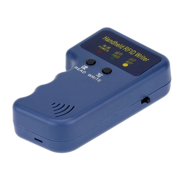 Handheld RFID writer with built-in antenna speaker grille and READ/WRITE buttons, blue.