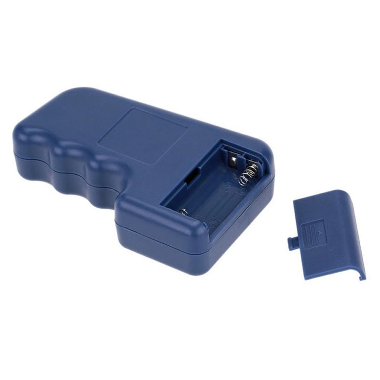 Handheld RFID writer with battery compartment open and charging cover, blue device.