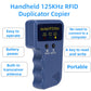 Handheld RFID writer with LCD status screen and power switch, portable blue casing.