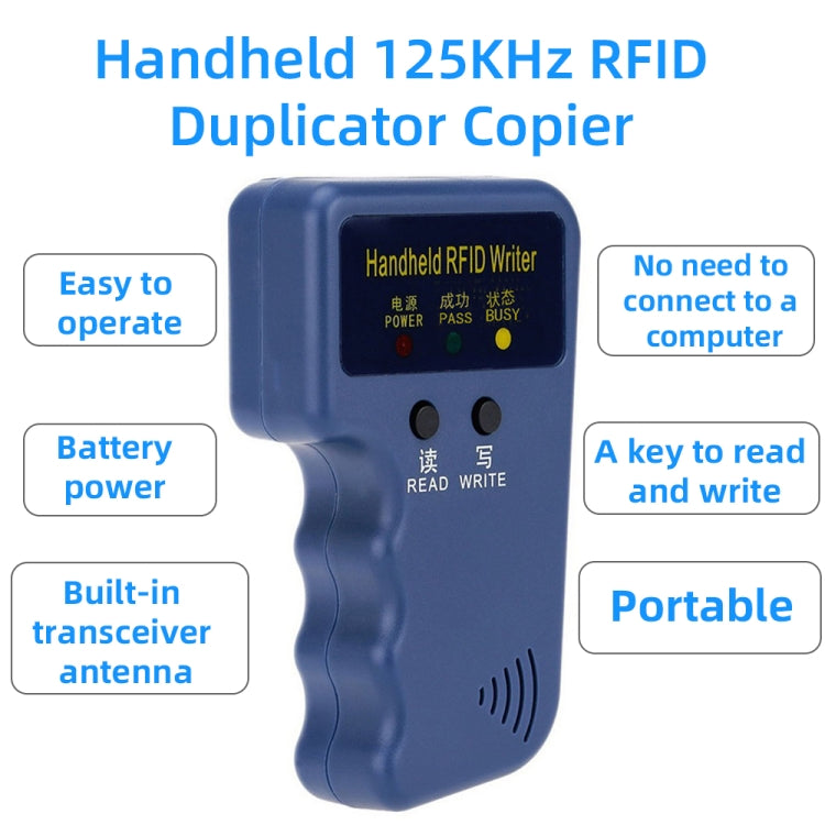 Handheld RFID writer with LCD status screen and power switch, portable blue casing.
