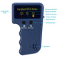 Handheld RFID writer with labeled controls, power button, and speaker grille, blue.