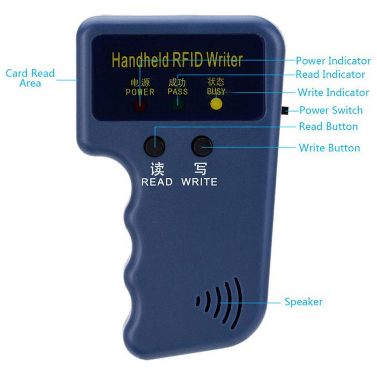 Handheld RFID writer with labeled controls, power button, and speaker grille, blue.